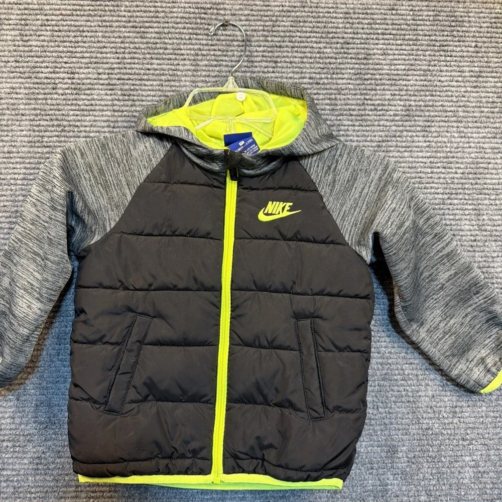 Toddlers Nike Puffer Jacket 3T-2/3 YRS Heather Gray Black And Lime Green